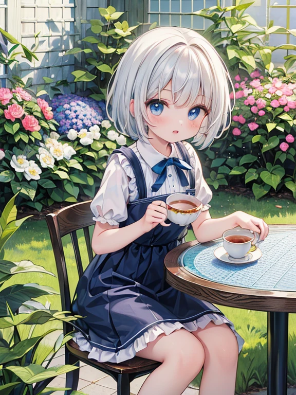 (8K, Highest quality, tableトップ:1.2), Ultra-high resolution, (halftone:1.5), 14-year-old girl, Perfect Fingers, Detailed face, blue eyes, Silver Hair, short hair, Blue Apron Dress, garden, flower bed, (table:1.5), tea , Tea cup, cake, Sit on a chair