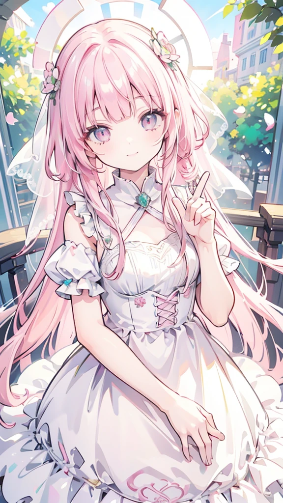 masterpiece, best quality, hyper detailed,1girl, smiling, looking at viewer,flat chest,light pink hair, blunt bangs,middle hair,gradient eyes,light pink eyes,light green eyes,Wedding dress,