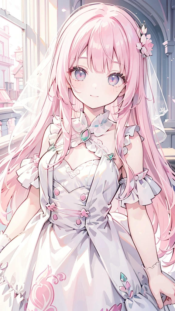 masterpiece, best quality, hyper detailed,1girl, smiling, looking at viewer,flat chest,light pink hair, blunt bangs,middle hair,gradient eyes,light pink eyes,light green eyes,Wedding dress,