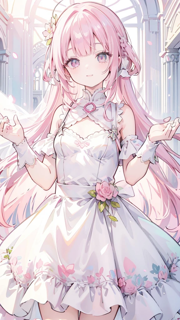 masterpiece, best quality, hyper detailed,1girl, smiling, looking at viewer,flat chest,light pink hair, blunt bangs,middle hair,gradient eyes,light pink eyes,light green eyes,Wedding dress,
