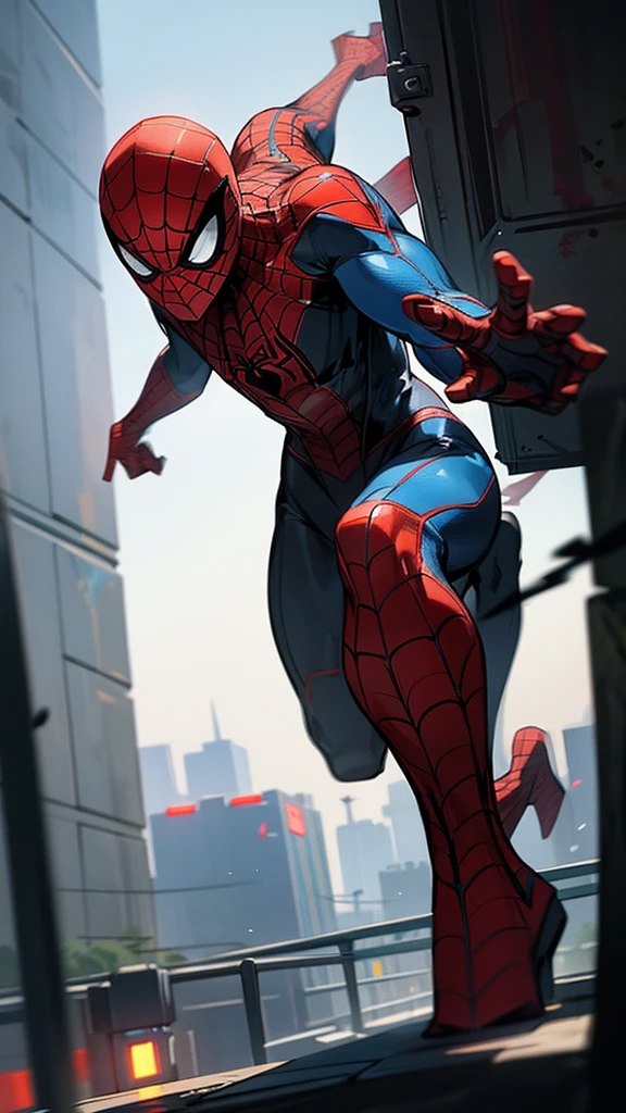 A 16-year-old boy wearing a Spiderman costume without the mask, with black hair, black eyes, and a black and red Spiderman costume, highly detailed, realistic, 4k, masterpiece, cinematic lighting, vibrant colors, dynamic pose, urban environment