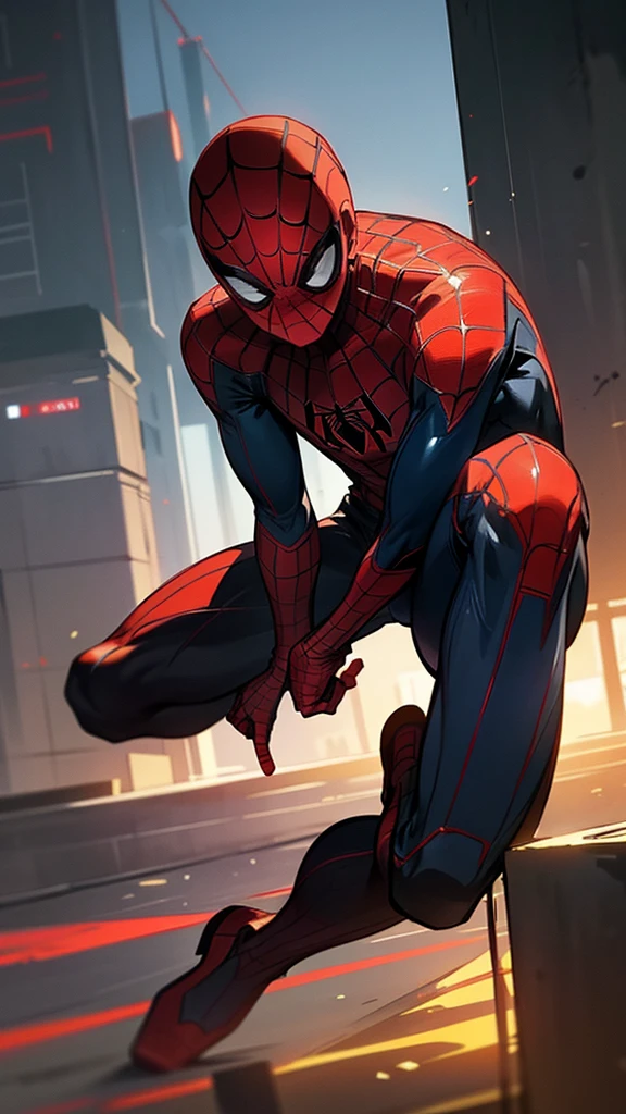 A 16-year-old boy wearing a Spiderman costume without the mask, with black hair, black eyes, and a black and red Spiderman costume, highly detailed, realistic, 4k, masterpiece, cinematic lighting, vibrant colors, dynamic pose, urban environment