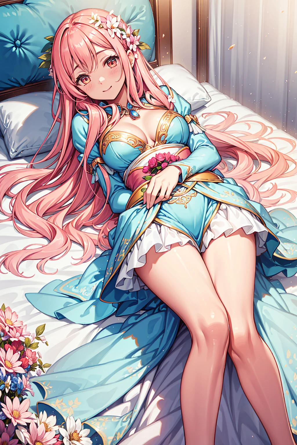 (Best quality,4K,8K,A high resolution,Masterpiece:1.2),Ultra-detailed,Goddess of flowers,teens girl,Enchanting,Smart,cheerfulness,divino,Light pink hair,((White Western-style dress)),(Transparent clothing),Floral decoration,exquisite costumes,A small amount of lace,Bedrooms,solo person,the night,Transparent pantyhose,Fleece,Lie down