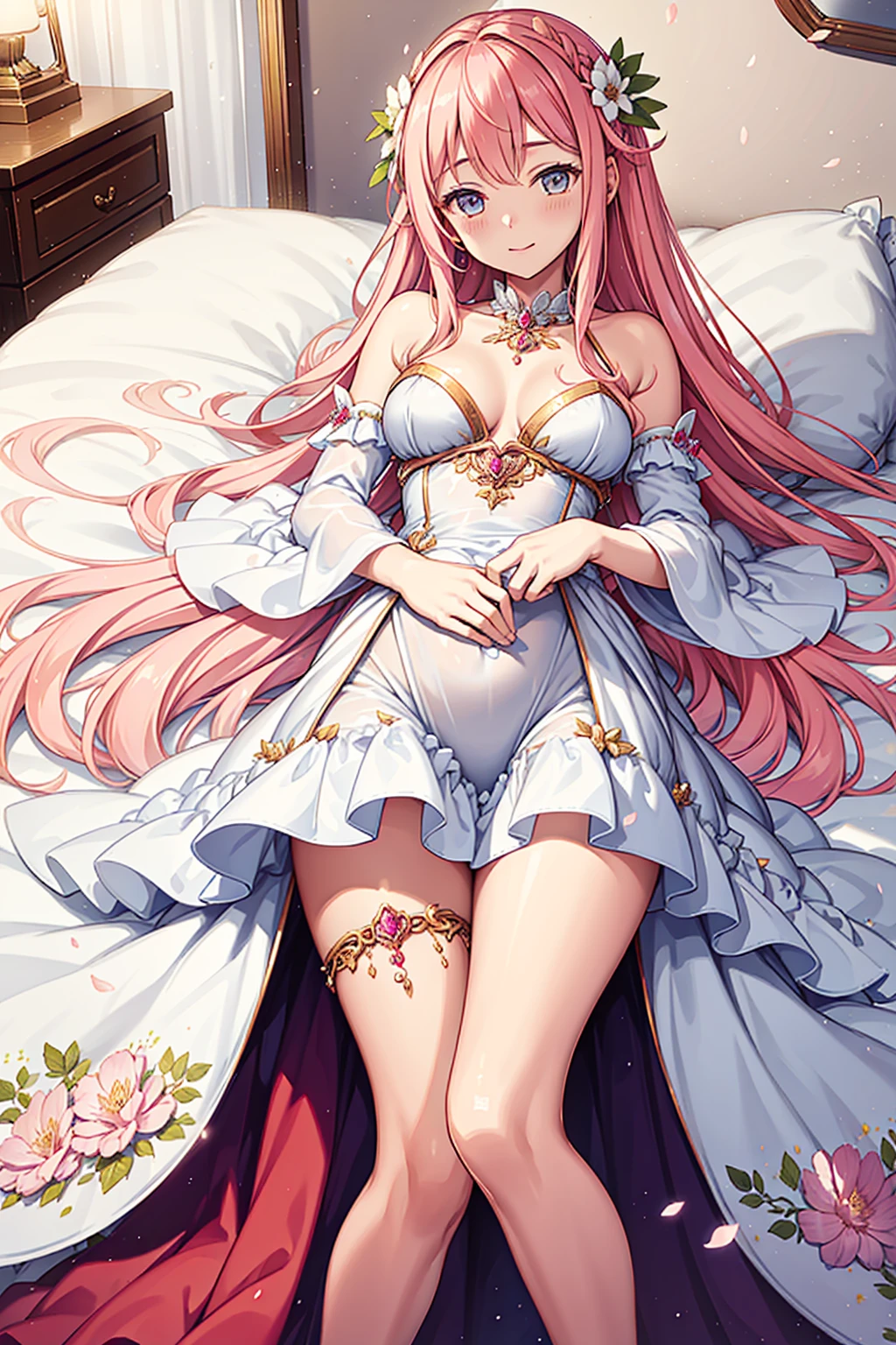 (Best quality,4K,8K,A high resolution,Masterpiece:1.2),Ultra-detailed,Goddess of flowers,s girl,Enchanting,Smart,cheerfulness,divino,Light pink hair,((White Western-style dress)),(Transparent clothing),Floral decoration,exquisite costumes,A small amount of lace,Bedrooms,solo person,the night,Transparent pantyhose,Fleece,Lie down