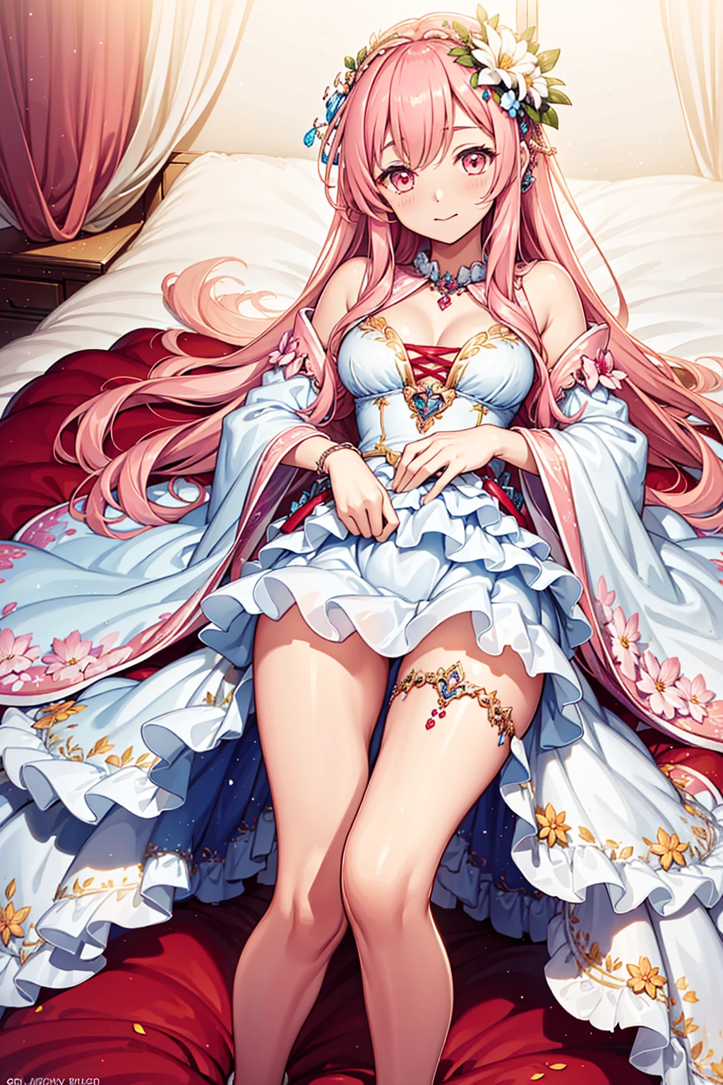 (Best quality,4K,8K,A high resolution,Masterpiece:1.2),Ultra-detailed,Goddess of flowers,teens girl,Enchanting,Smart,cheerfulness,divino,Light pink hair,((White Western-style dress)),(Transparent clothing),Floral decoration,exquisite costumes,A small amount of lace,Bedrooms,solo person,the night,Transparent pantyhose,Fleece,Lie down