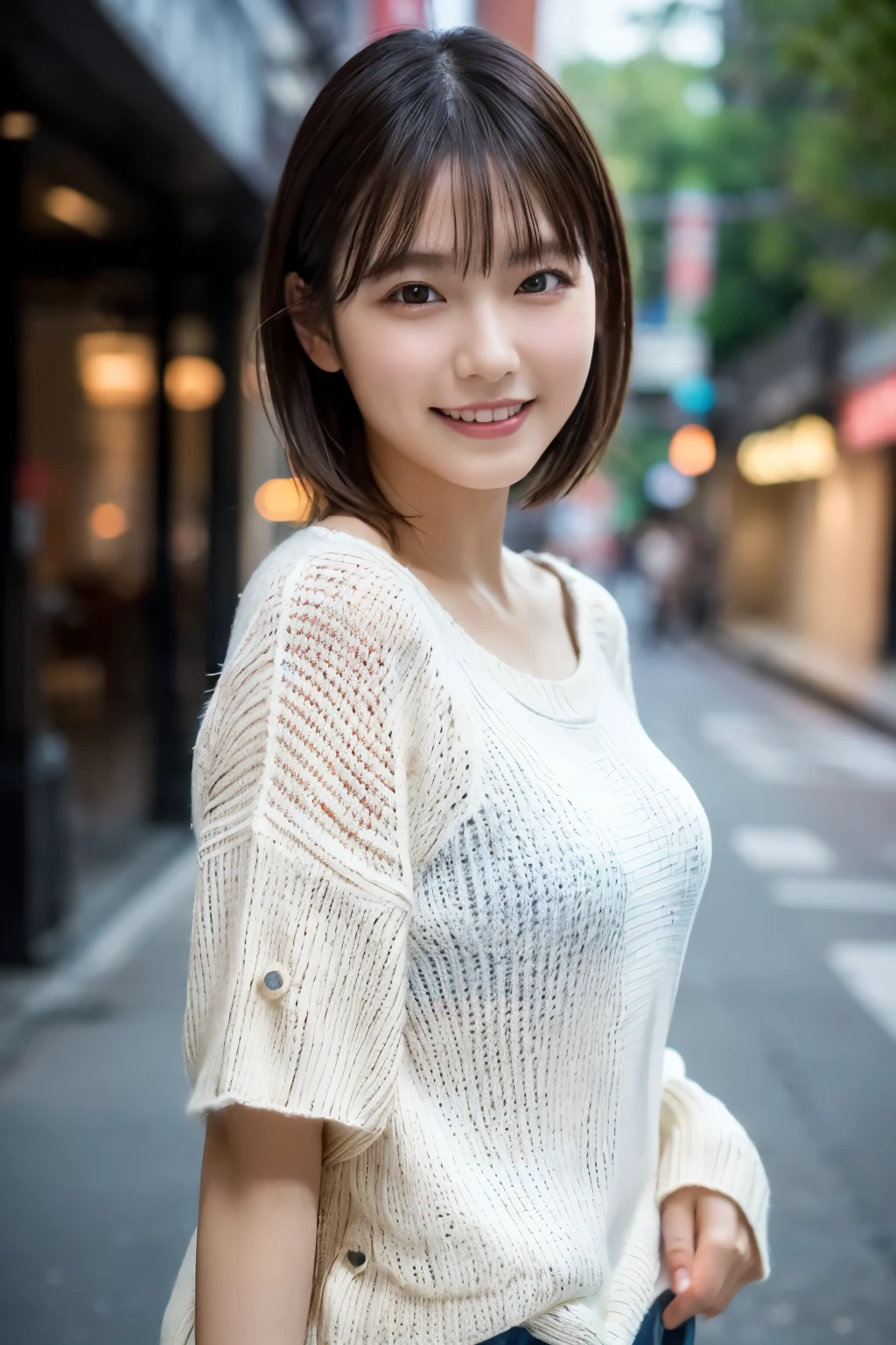 1 Girl, (Wearing a white summer sweater:1.2), Very beautiful Japanese idol portraits, 
(RAW Photos, Highest quality), (Realistic, Realistic:1.4), (masterpiece), 
Very delicate and beautiful, Very detailed, 2k wallpaper, wonderful, finely, Very detailed CG Unity 8K 壁紙, Very detailed, High resolution, Soft Light, 
Beautiful detailed girl, Very detailed目と顔, Beautiful and sophisticated nose, finelyて美しい目, Cinema Lighting, 
(I am doing gravure shoots for fashion magazines.....:1.3), (Outdoor),
(short hair), 
Complete Anatomy, Slender body, Small breasts, smile