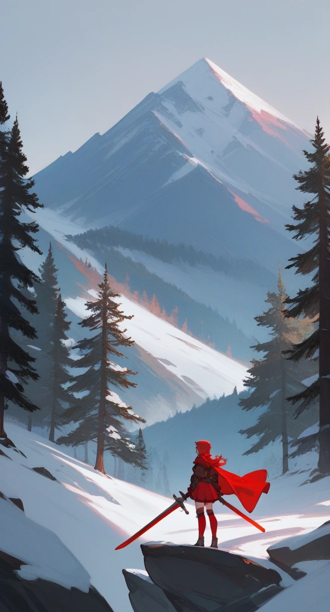 score_9,score_8_up,score_7_up,1girl, red hair, red yers, big breats, Adventurer's outfit in red tones, Huge red sword, White and red stockings, stands on the top of a mountain overlooking the forest, light snow