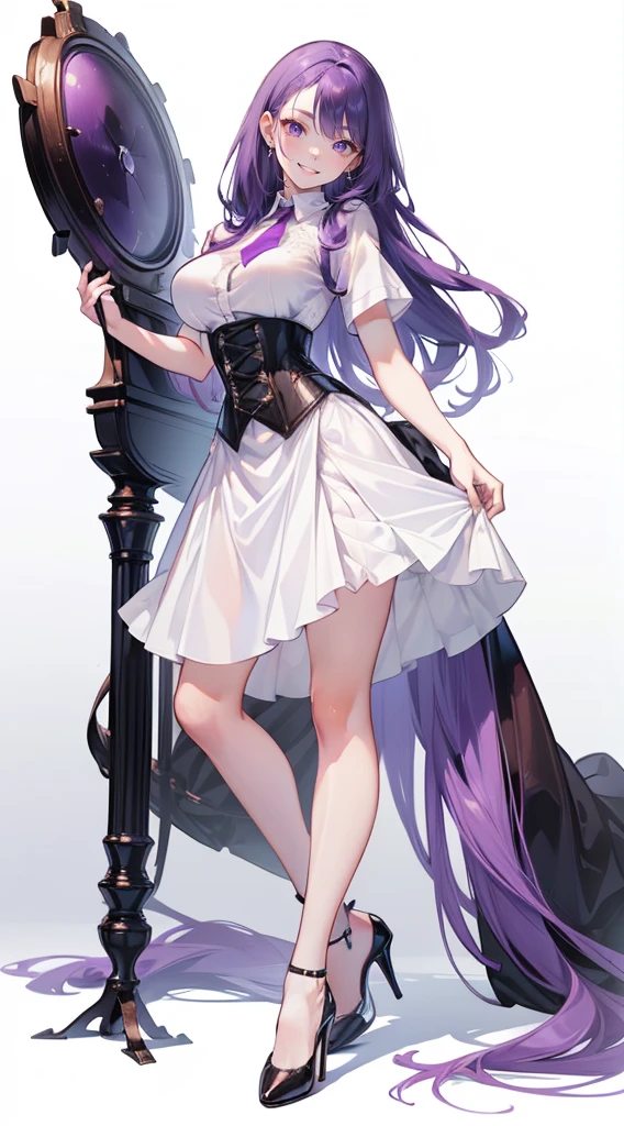 ((Perfect Face)),Purple Hair,long hair,1 female,bartender,(((White shirt with rolled up sleeves)),(corset),(((Tight Skirt))),,High heels,,((Simple White background)),((smile)),((full body))