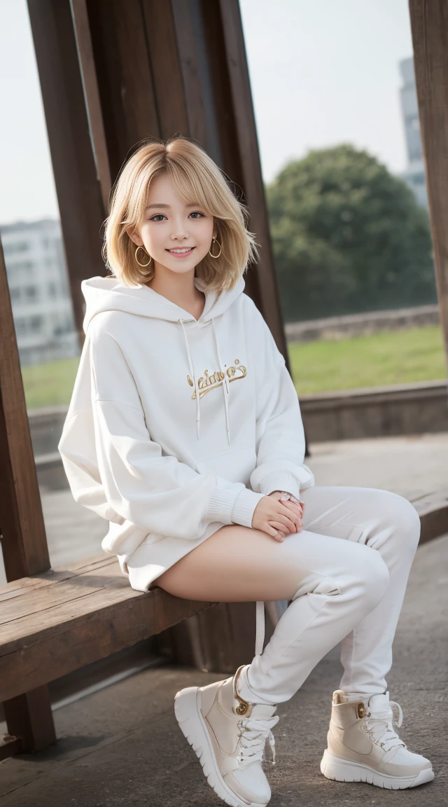 flying debris、Highest quality、An illustration、Highest quality、got it、High resolution、8k wallpaper、Perfect dynamic composition、(((Ezvian Everywhere)))、((From below))、Beautiful and cute 20 year old girl、Beautiful face in every detail、Delicate and cute eyes、Fine skin、Red cheeks.、shy、(Semi-short hair:1.3)、(wavy blonde hair)、Small breasts、Bold sexy pose、smile、Small breasts、Between the legs、Small Ass、Thin butt、Generated on the eaves.、Narrow shoulders、wavy blonde hair、blonde、Heart-shaped earrings、smile、、Gold bracelet、Tie your hair back、White hoodie、Deeply hooded、Loose fitting white harem pants、Baggy pants、Combat Boots、Army Boots、Standing posture showing the whole body、