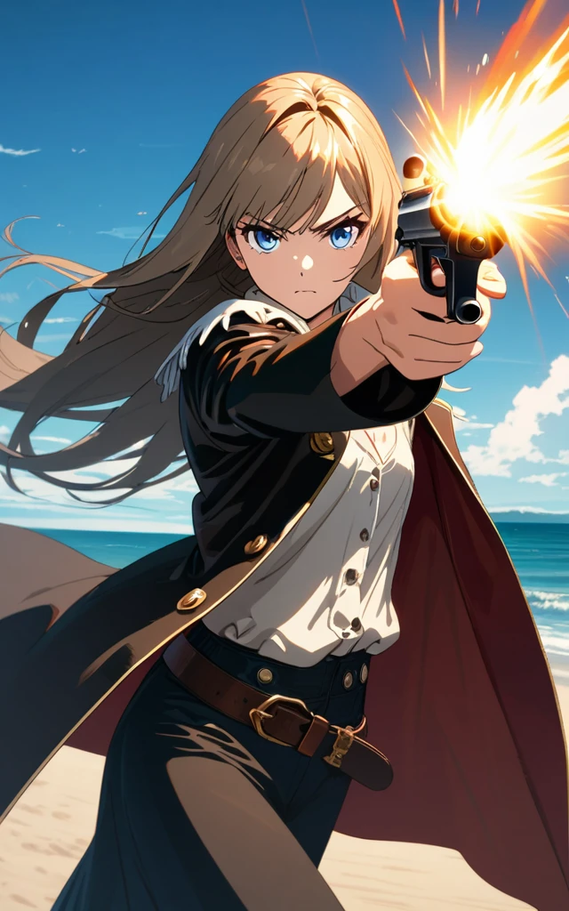 (masterpiece)、(absurdres)、(ultra detailed),8K,Anime illustration、solo lady、dark blonde hair:1.2,(straight long hair)、BREAK、(shiny blue eyes:1.0)、BREAK、(athletic)、[flat chest]、(during:0.9)、(pierce:0.8)、(bracelet:0.7)、(pirates costume)、(pirates coat)、Seaside、Shoot a gun、Firing scene、serious,cowboy shot,side view,