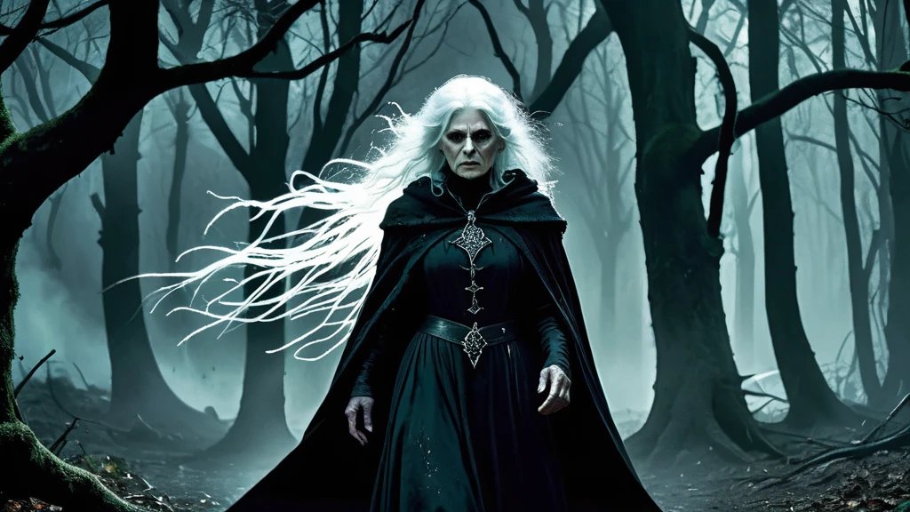 Create an image of a scary, short, little old white-haired witch standing in a dark forest. She is wearing a tattered black cloak and has a menacing expression, with her white hair tangled and wild. The forest around her is dimly lit, with gnarled trees and mist swirling in the background, evoking a sense of medieval dark fantasy."






