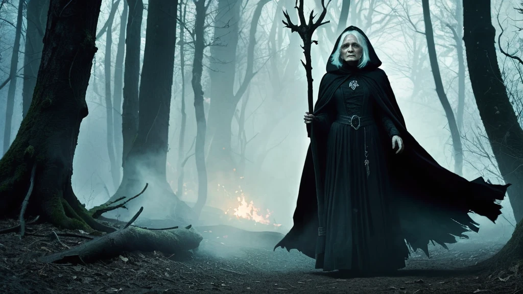 Create an image of a scary, short, little old white-haired witch standing in a dark forest. She is wearing a tattered black cloak and has a menacing expression, with her white hair tangled and wild. The forest around her is dimly lit, with gnarled trees and mist swirling in the background, evoking a sense of medieval dark fantasy."