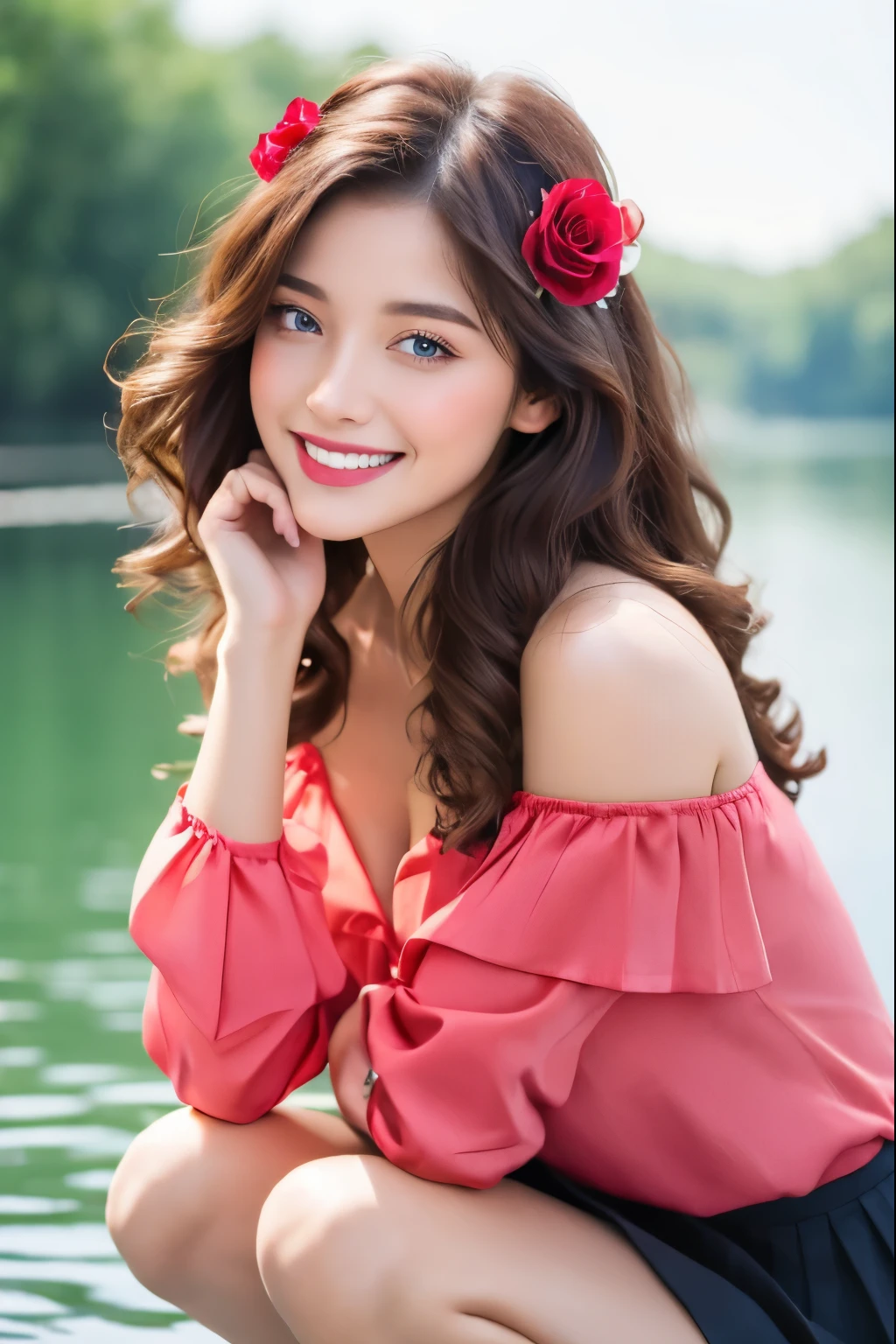 Masterpiece, beautiful details, perfect focus, uniform 8K wallpaper, high resolution, exquisite texture down to the smallest detail, one girl, long hair, looking at viewer, blushing, smiling, open mouth, bangs, skirt, brown hair, shirt, hair accessory, long sleeves, sitting, very long hair, smiling, happy, open mouth, blue eyes, off-shoulder shirt, flowers, pleated skirt, flower in hair, black skirt, water, rose, squatting, white flower, red flower, pink flower, reflection on water surface, red rose, yellow flower, hand on own face, pink rose, ripples, hand on own cheek