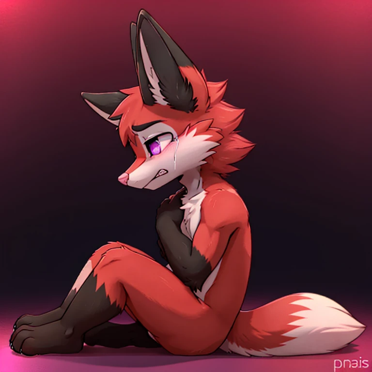 Anthropomorphic adult male crimson fox, with purple eyes, horns, pink nose, black ears, black sholders, sitting on ground, head down, hugging his legs, crying loudly, solo, ears down, solid color background, digital art, side view, tears on eyes, very sad face, eyes closed, looking down, long tail, devastated