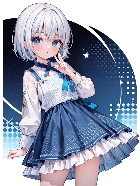 (8K, Highest quality, Tabletop:1.2), Ultra-high resolution, (halftone:1.6), ****************, Perfect Fingers, Detailed face, blue eyes, Silver Hair, short hair, Blue Apron Dress