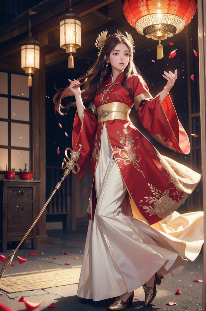 best quality, masterpiece, highres, (exquisite body:1.5),gorgeous face,(milky skin:1.3),intricate details,high resolution,wallpaper,
1girl, solo, dress, hair ornament, (((gold and red dress))), flowers, long hair, brown hair, closed mouth, jewelry, long sleeves, hand up, wide sleeves, big eyes,floating hair, chinese clothes, hanfu, embroidery, long skirt, natural pose, falling petals, indoor,fanning, lantern,
16K,HDR,highres,depth field,(film grain:1.1),boken,golden hour,(lens flare),vignette,rainbowing,(color grading:1.5)