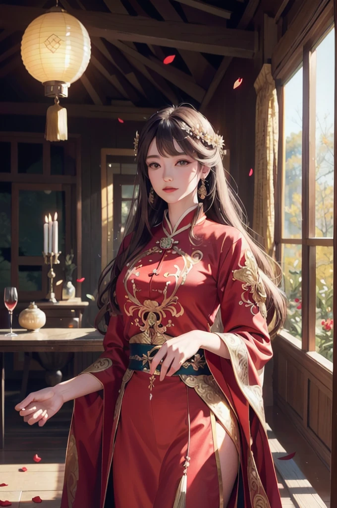 best quality, masterpiece, highres, (exquisite body:1.5),gorgeous face,(milky skin:1.3),intricate details,high resolution,wallpaper,
1girl, solo, dress, hair ornament, (((gold and red dress))), flowers, long hair, brown hair, closed mouth, jewelry, long sleeves, hand up, wide sleeves, big eyes,floating hair, chinese clothes, hanfu, embroidery, long skirt, natural pose, falling petals, indoor,fanning, lantern,
16K,HDR,highres,depth field,(film grain:1.1),boken,golden hour,(lens flare),vignette,rainbowing,(color grading:1.5)