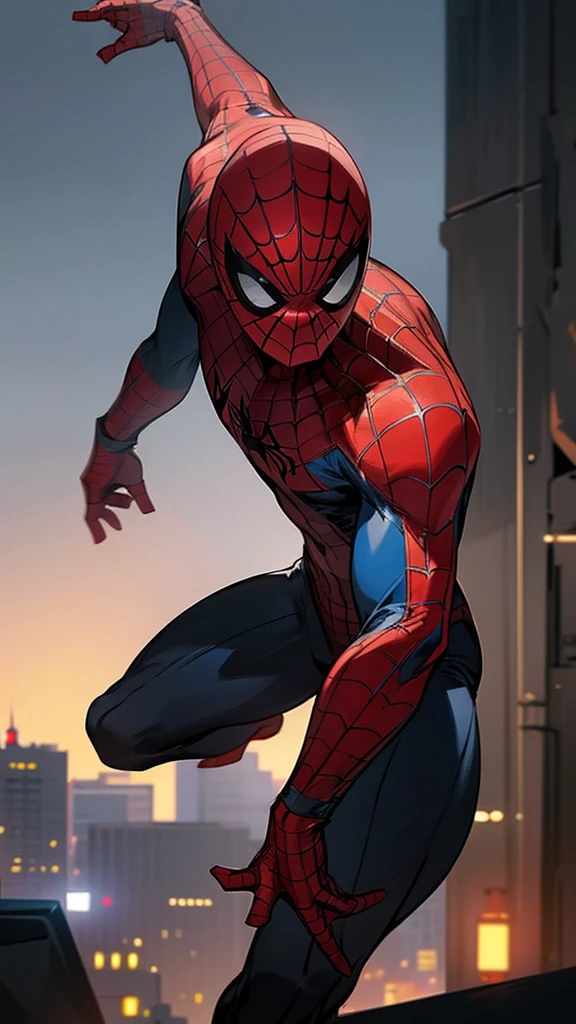 A 16-year-old boy wearing a Spiderman costume without the mask, with black hair, black eyes, and a black and red Spiderman costume, highly detailed, realistic, 4k, masterpiece, cinematic lighting, vibrant colors, dynamic pose, urban environment