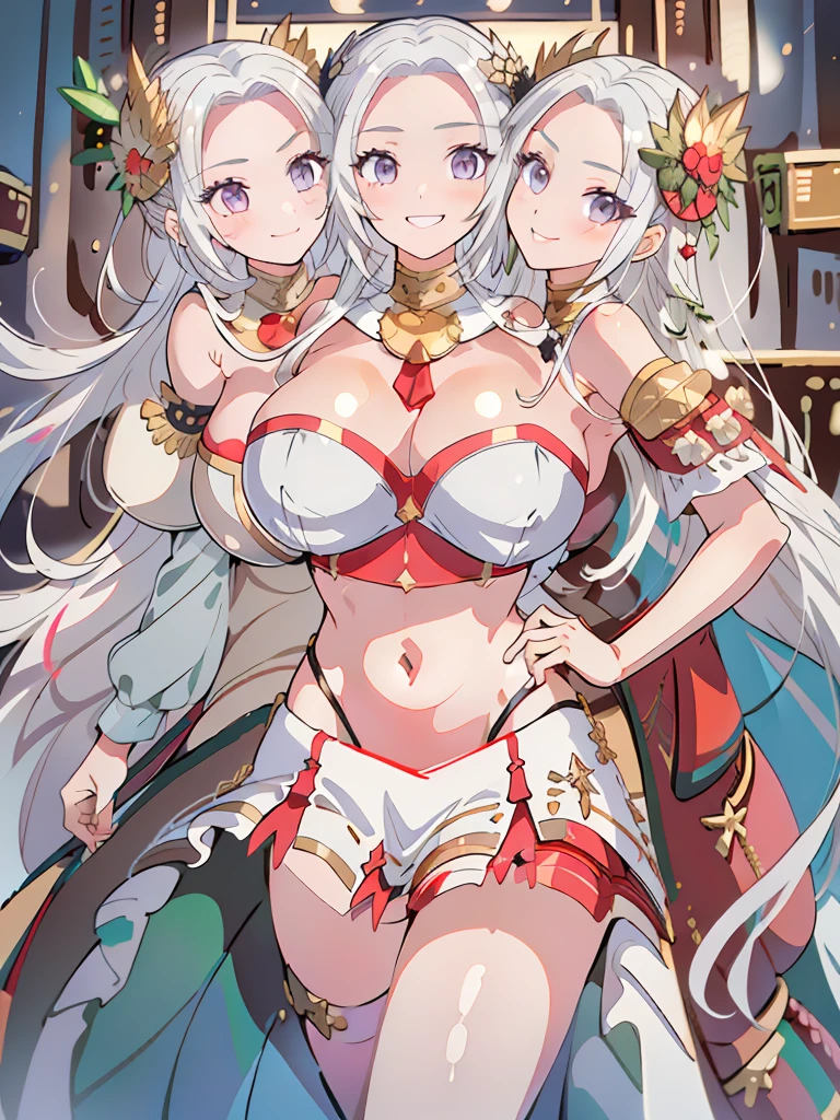(masterpiece, best quality), best resolution, (3heads:1.5), 1girl, white-silver hair, long flowing hair, smiling, open belly, black crop top, red-nlack miniskirt, open breasts, huge tits,