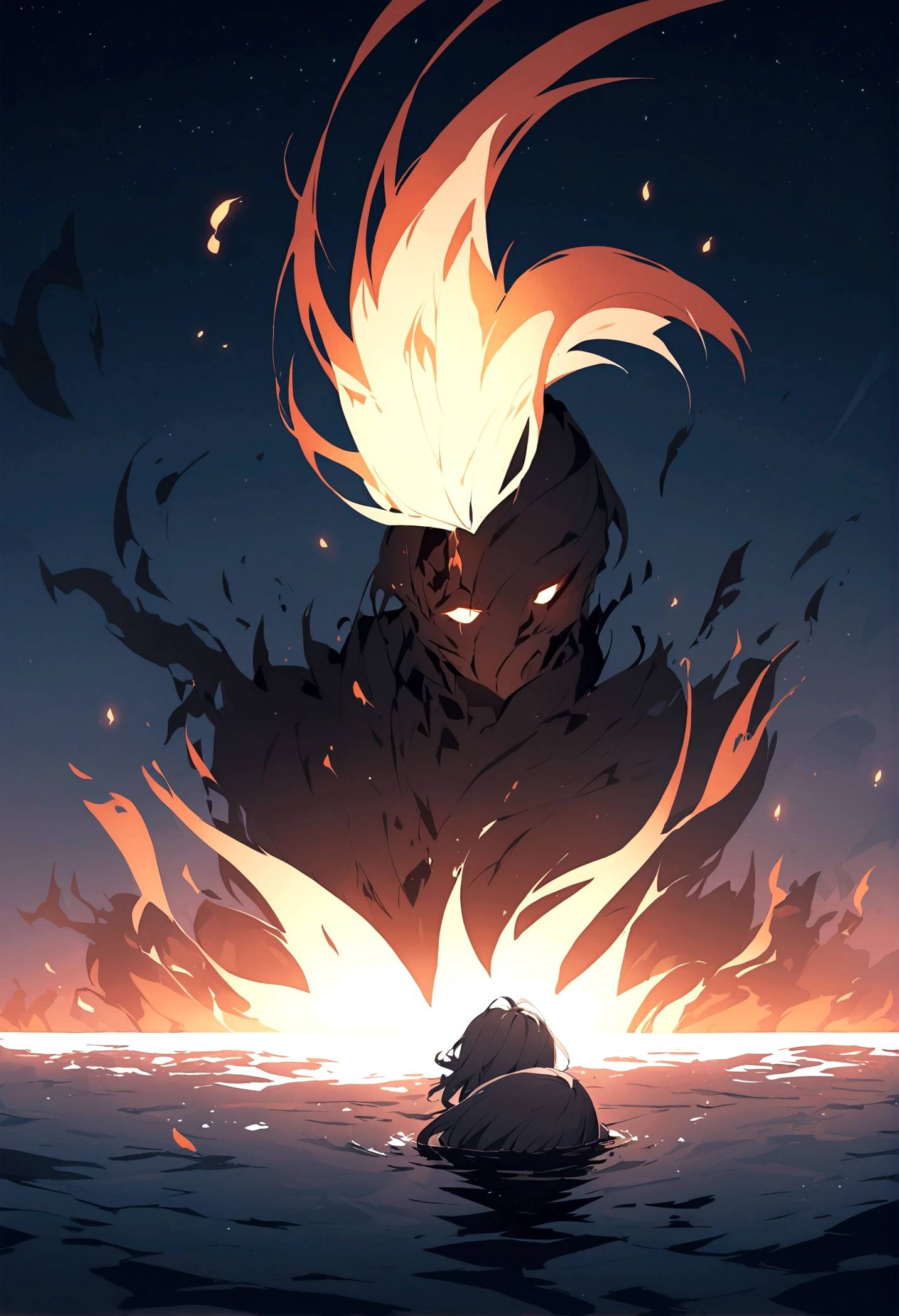 Very detailed, High accuracy, Absurdities, Human development report, Masterpiece, Male Demon Slayer, Medium length black hair, expressive red eyes, White cloak with flame patterns, Black Demon Slayer Costume, kimetsu no yaiba, Handsome, sexy man, Single, Best quality, Black and red katana with flame patterns, وجه وعينين Very detailed, Fire coming from katana, red moon