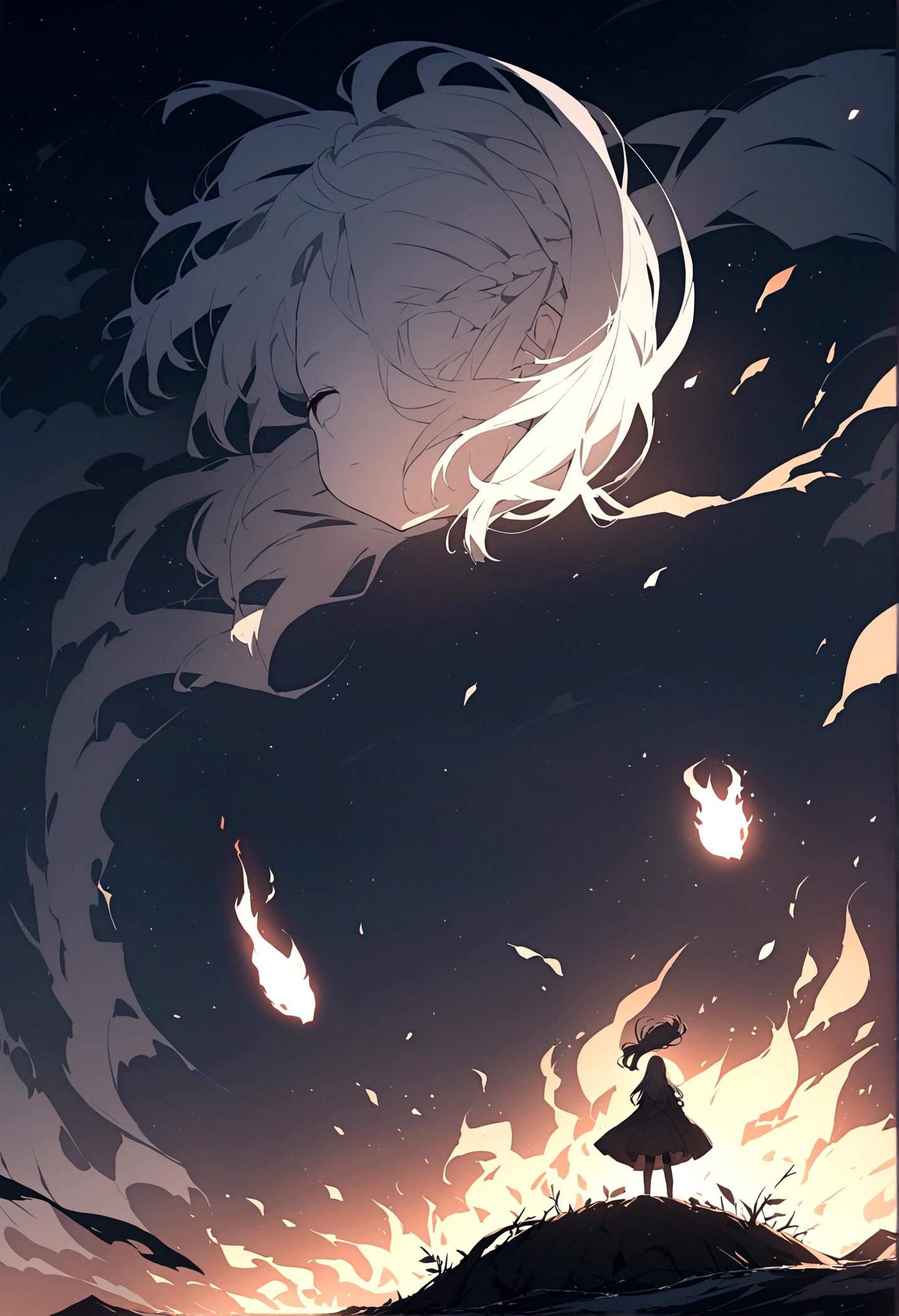 In the night sky, a man&#39;s severed head is flying across the surface of the river at an incredible speed.。The severed head has a hairstyle like a fallen warrior。Flames are flickering around the severed head like wheels.。The severed head has a pale, blank look on its face.。Set the background to a tranquil rural landscape with a dark night sky。The wind is blowing、The wind is blowing