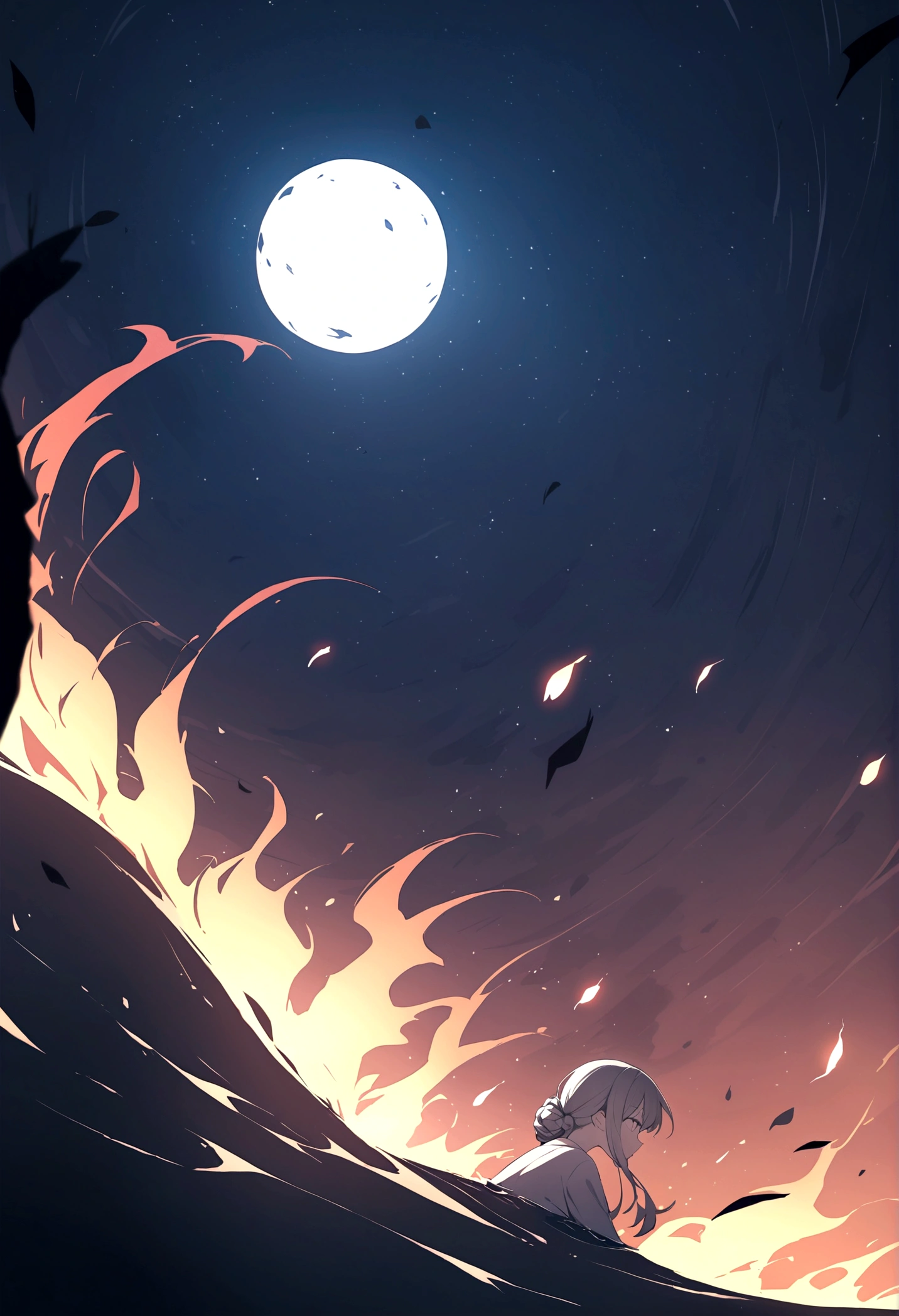 In the night sky, a man&#39;s severed head is flying across the surface of the river at an incredible speed.。The severed head has a hairstyle like a fallen warrior。Flames are flickering around the severed head like wheels.。The severed head has a pale, blank look on its face.。Set the background to a tranquil rural landscape with a dark night sky。The wind is blowing、The wind is blowing