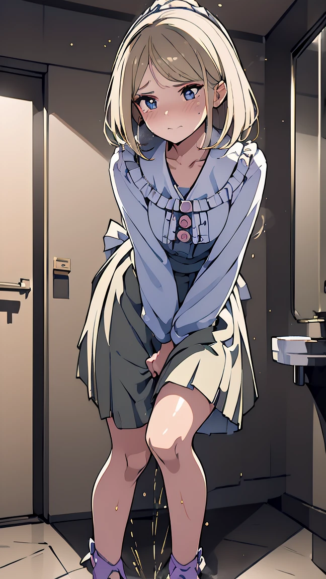 (ultra-detailed, best quality, ultra-detailed face, anatomically perfect body, shiny skin:2), (1 girl, have to pee, peeing herself, peeing, peeing self, very desperate to pee, have to pee, have to pee, peeing, peeing self, peeing, peeing self:1.3), (girl and other girls waiting in line public bathroom, frill long skirt, smock blouse, foot ware:1.4), (have to pee, hold crotch, knees together and feet apart, hand between legs:1.7), (leaning forward:1.5), (erotic twist of the body1.3), (no pupils:1.5), (nose blush:1.5), (embarrassment:1.4), (flying sweat:1.5), (breathless:2), (alarmed, confused, squinting, looking away:1.4), (teeth:1.1), (girl can't stand up straight:1.2), (natural makeup), from side, from below, crotch focus