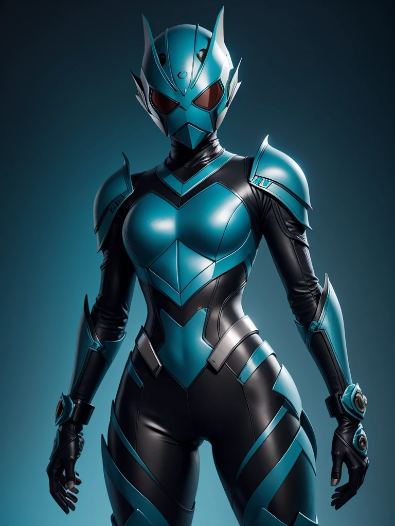 Teenage girl. Slim body. Female Kamen rider. Sea serpent styled kamen rider. Blue and black female kamen rider suit. Sea serpent styled full face kamen rider helmet. No face exposed. No hair exposed. Kamen rider belt. Standing pose. Blue background.