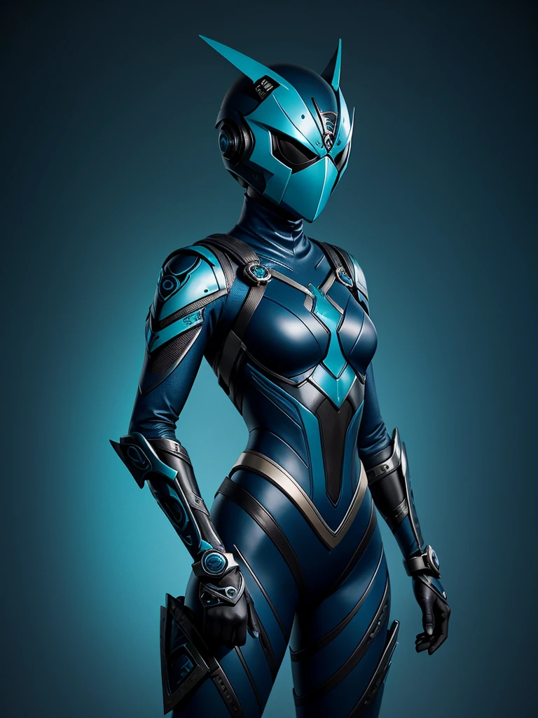 age girl. Slim body. Female Kamen rider. Sea serpent styled kamen rider. Blue and black female kamen rider suit. Sea serpent styled full face kamen rider helmet. No face exposed. No hair exposed. Kamen rider belt. Standing pose. Blue background.
