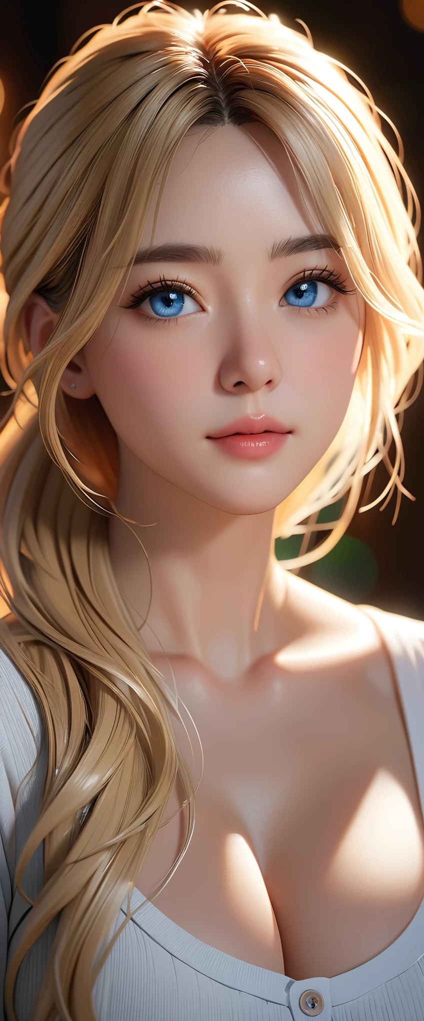 best quality, masterpiece, High resolution, portrait, actual, blue eyes, blond, Large Breasts, 8K resolution, high qualityCG, Beautiful CG, Soft Light, The Tyndall effect, lifelike, two-tone lighting, Side lighting, (HD Skin:1.2), 8K超高清, high quality, Volumetric lighting, confess, photography, 超High resolution, 8K, Bokeh, Shallow depth of field