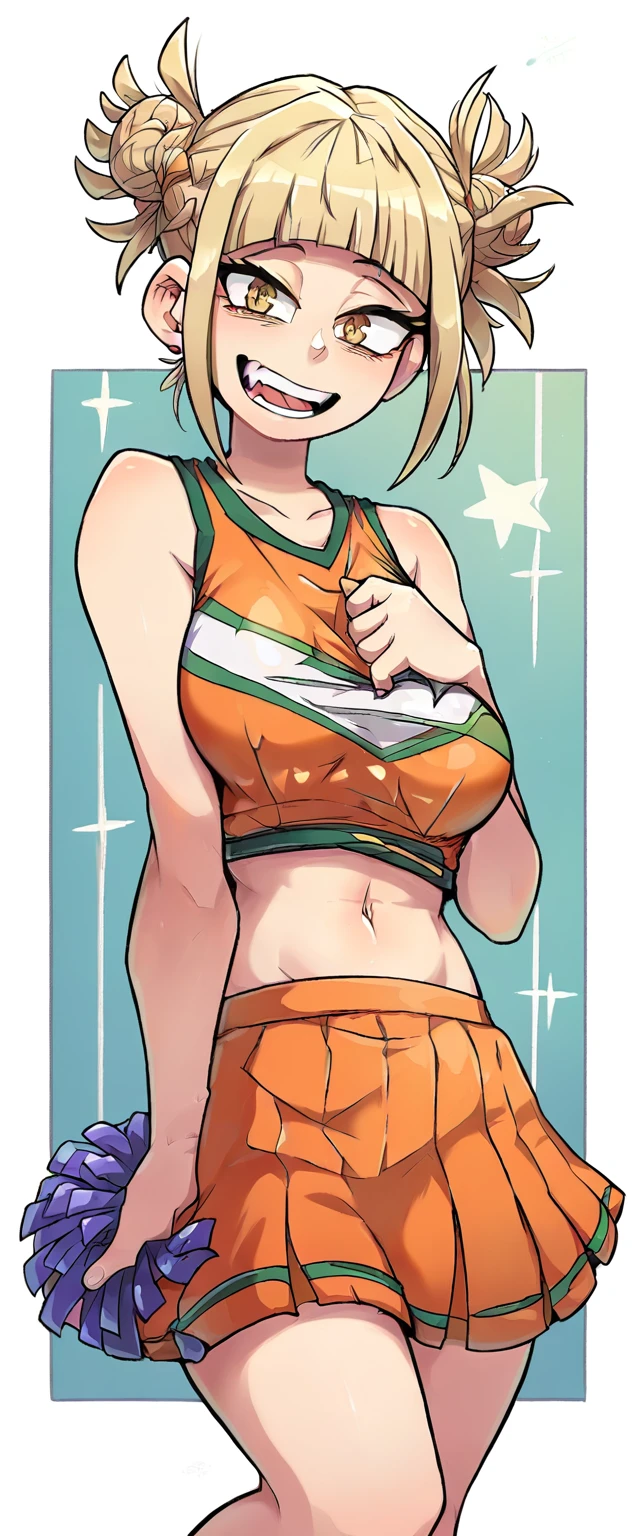 A girl big breast beautiful crazy psycho beautiful sexy cute hair braid ball yellow shine short cut her eye brown sleepless eye stress mood good dresses orange top green stripe sleeveless cheerleader shows navel and a short bright orange skirt black heel