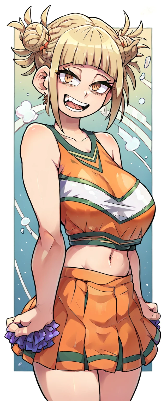 A girl big breast beautiful crazy psycho beautiful sexy cute hair braid ball yellow shine short cut her eye brown sleepless eye stress mood good dresses orange top green stripe sleeveless cheerleader shows navel and a short bright orange skirt black heel