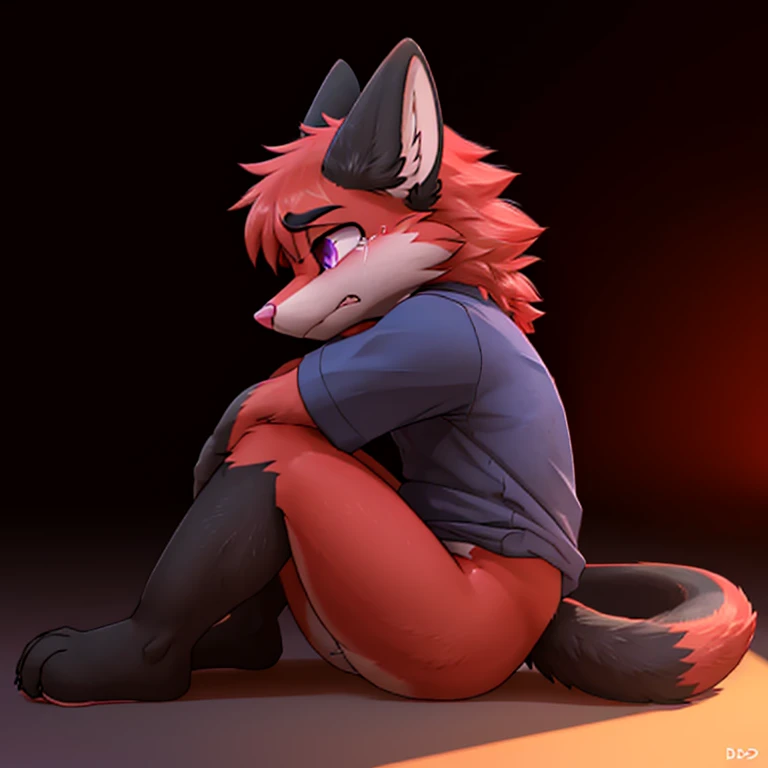 Anthropomorphic adult male crimson fox, with purple eyes, horns, pink nose, black ears, black sholders, sitting on ground, head down, hugging his legs, crying loudly, solo, ears down, solid color background, digital art, side view, tears on eyes, very sad face, eyes closed, looking down, long tail, devastated