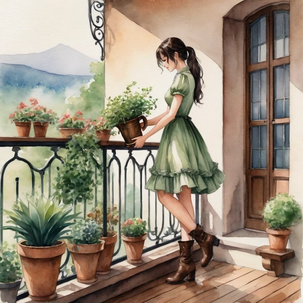 anime girl, Watercolor painting. Captured, a very beautiful woman is seen watering several potted plants on a balcony. She is dressed in a short whitish green dress, adorned with short sleeves and a ruffled neckline. Her long, dark hair is neatly pulled back into a ponytail, and she's wearing high-heeled brown boots. Her right hand is raised, holding a watering can, while her left hand is positioned on the balcony railing. The balcony railing, dark brown in color, is punctuated by a series of wrought iron bars, adding a touch of elegance to the environment. The setting has wooden floors, giving the composition a rustic charm. soft light.