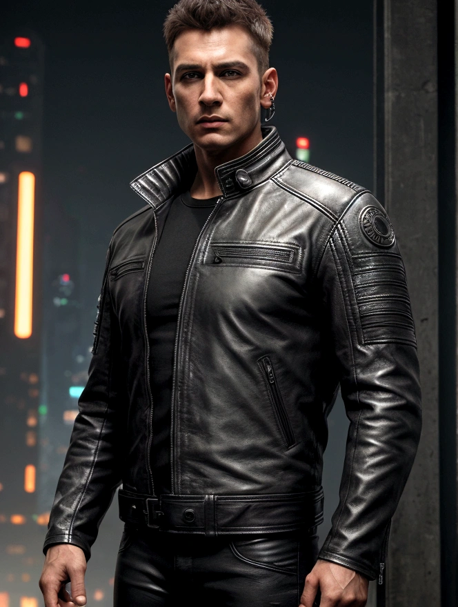 Realistic enhance photo and wear cyberpunk leather jacket for background facebook and WhatsApp war.