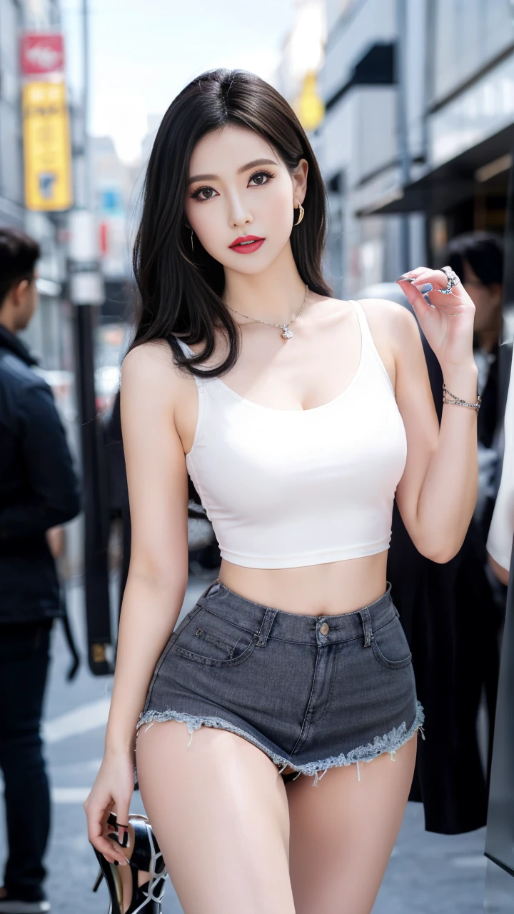 High, Leg length, ,High heel,standing outdoor,bokeh,long eyelashes,Dark eye shadow,涂lipstick,Her face is heavily made up,Very detailed,Middle-aged women,cosmetic, (lipstick: 1.1), (Eyeliner: 1.2), mascara, eye shadow, curly, ear nipple ring, necklace, Black greasy pantyhose, There are wrinkles at the corners of the mouth,Long-legged pantyhose,Greasy reflective pantyhose,big breasts,Black,High heel,long distance full body photo,outdoor,Highly detailed 8K wallpaper), 8K,best quality, masterpiece, ultra high resolution,(lifelike:1.4), original photo, sharp focus, detailed, dramatic, exquisite beautiful woman, (tall and straight:1.1), (phi), (droopy giant:1.1), (Fat Evil Goddesetallic high-leg turtleneck dress miniskirt:1.0),(turtleneck slim fit skirt),(Transparent metallic miniskirt ), half butterfly earrings, Double ring necklace, (:1.05), (65 years old, : 1.4), cosmetic, (lipstick: 1.1), (Eyeliner: 1.2), mascara, eye shadow, Long curly hair, dynamic angle, (red lips)nice graphics, 大Leg length,Black Greasy reflective pantyhose,current employer,spectacular view, Show your whole body in the big city,