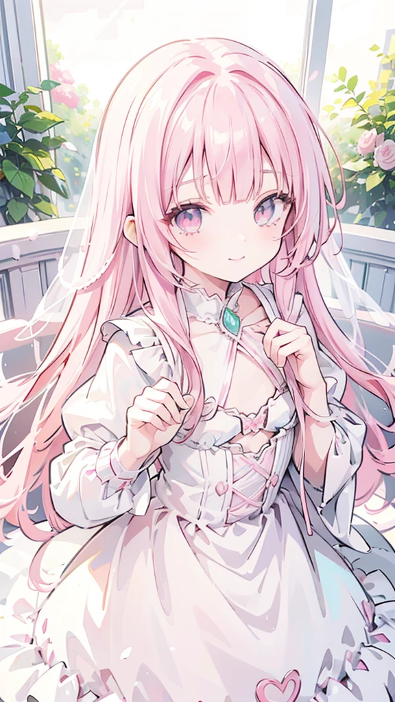 masterpiece, best quality, hyper detailed,1girl, smiling, looking at viewer,flat chest,light pink hair, blunt bangs,middle hair,gradient eyes,light pink eyes,light green eyes,Wedding dress,Tears mole