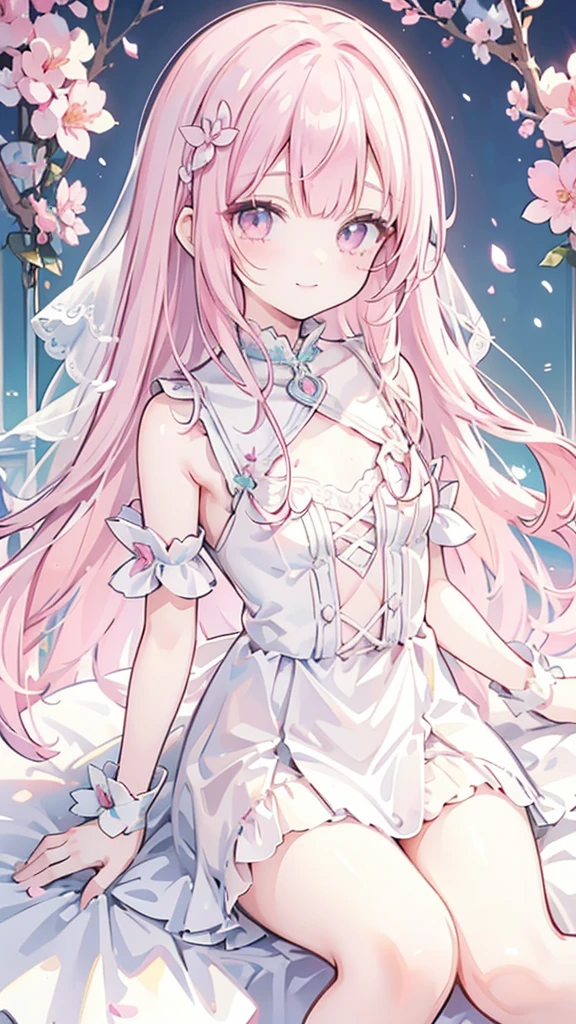 masterpiece, best quality, hyper detailed,1girl, smiling, looking at viewer,flat chest,light pink hair, blunt bangs,middle hair,gradient eyes,light pink eyes,light green eyes,Wedding dress,Tears mole