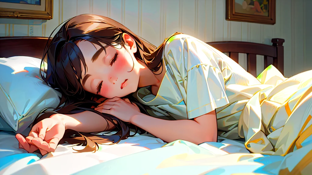 (Highest quality, masterpiece, Ultra-realistic), Beautiful and delicate１５Year-old girl portrait,, The background is the bedroom at home.、Sleeping with a calm expression、Time is midnight、It&#39;s pitch black in the room.、It&#39;s raining outside