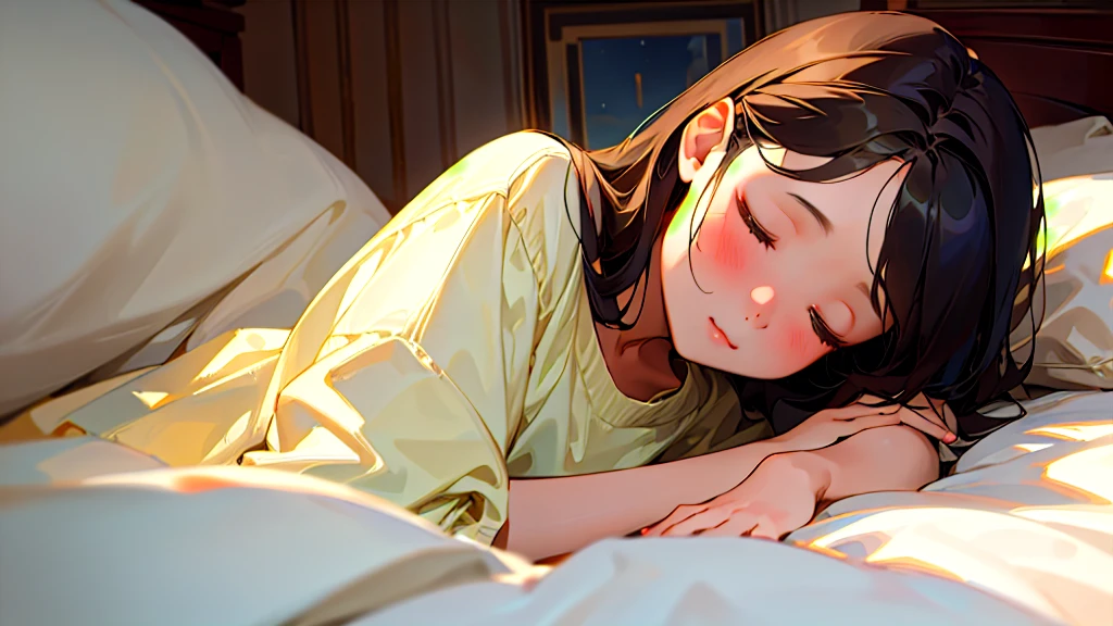 (Highest quality, masterpiece, Ultra-realistic), Beautiful and delicate15Year-old girl portrait,, The background is the bedroom at home.、Sleeping with a calm expression、Time is midnight、It's pitch black in the room.、It's raining outside