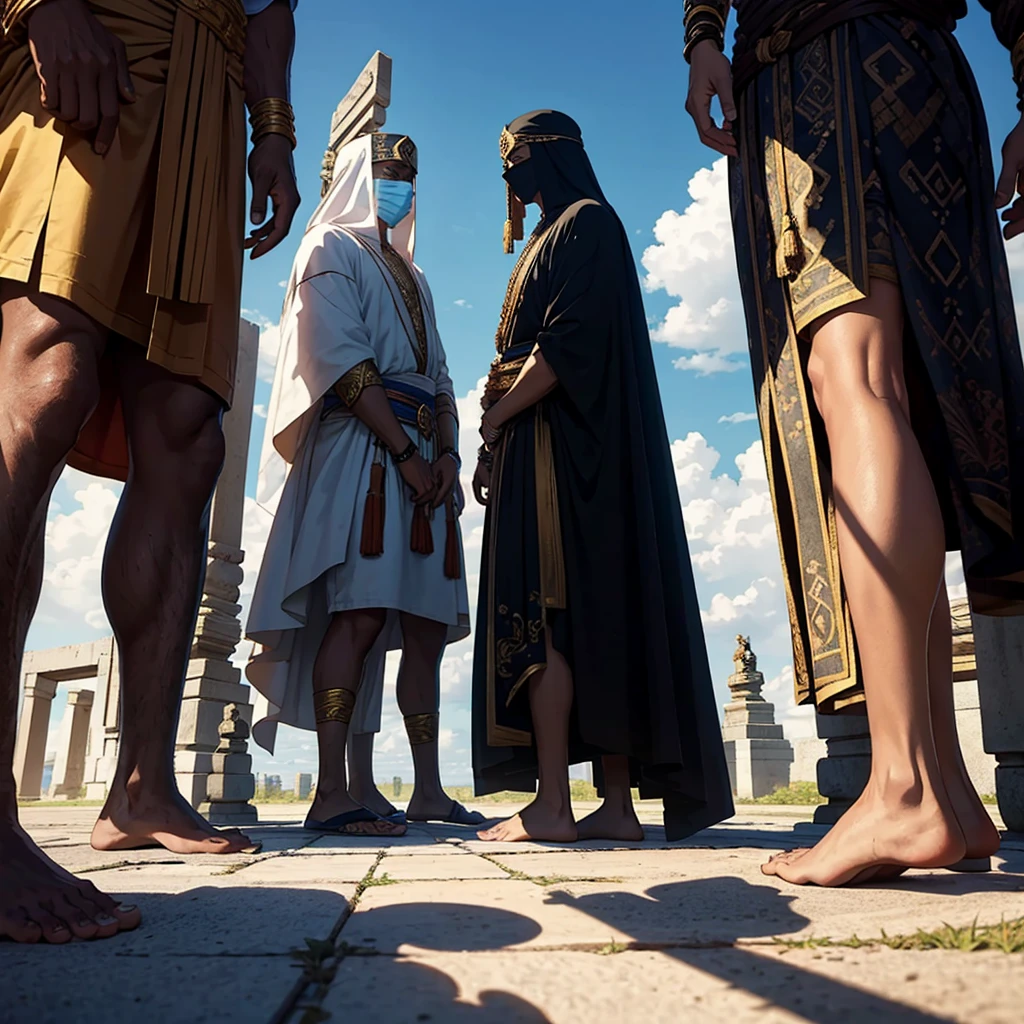 Gods of various ethnicities, in a meeting covered by a shadow that covers their faces in perspective 
