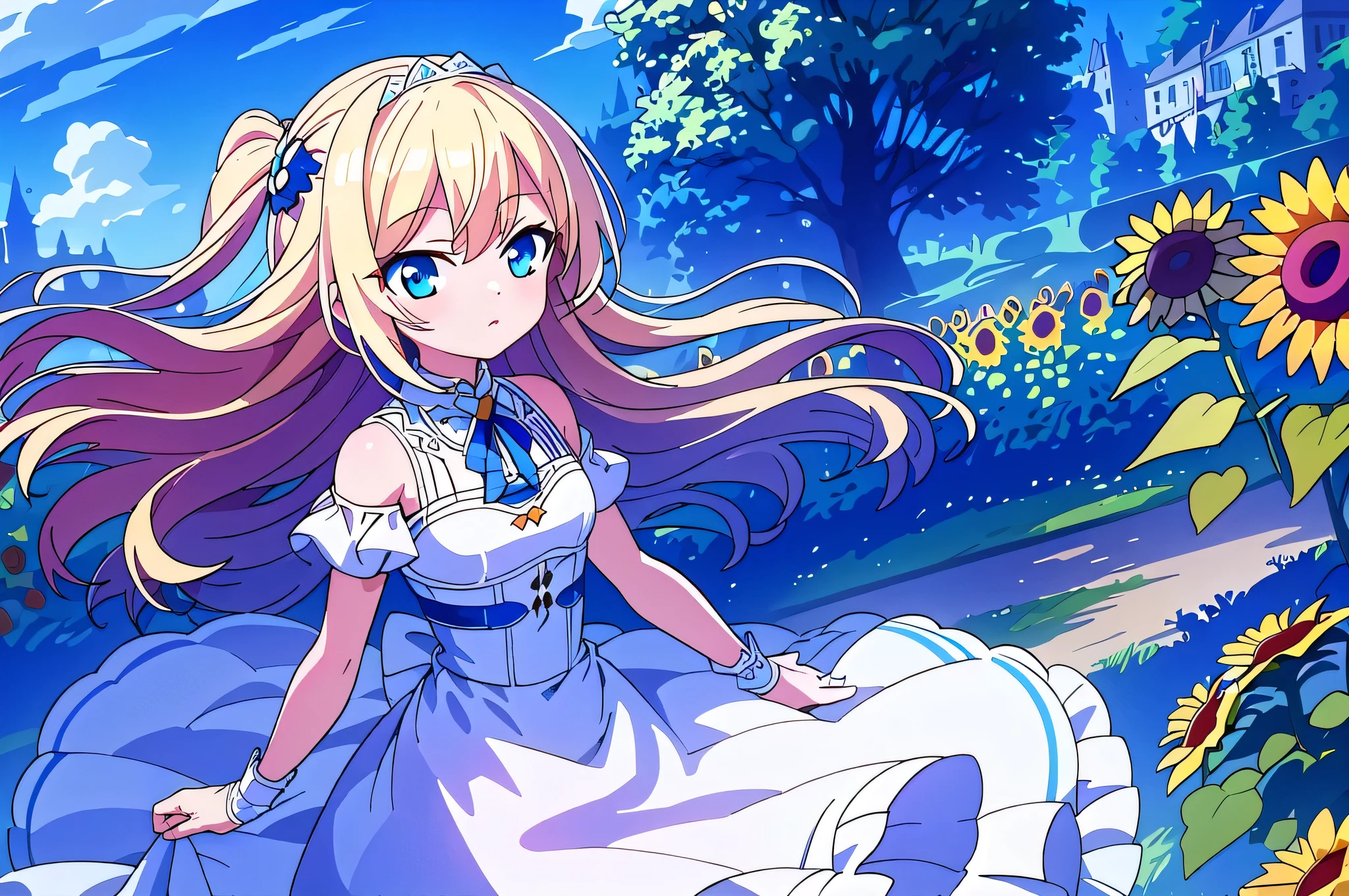 insanely detailed, absurdres, ultra-highres, ultra-detailed, best quality,
1girl, solo,  qhly, blonde hair, blue eyes, garden, roses, sunflowers, no breasts, no emotions, hands on the back, white and blue dress, 
