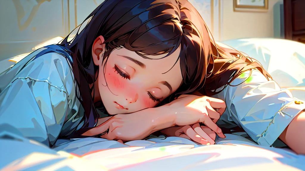 (Highest quality, masterpiece, Ultra-realistic), Beautiful and delicate15Year-old girl portrait,, The background is the bedroom at home.、Sleeping with a calm expression、Time is midnight、It's pitch black in the room.、It's raining outside