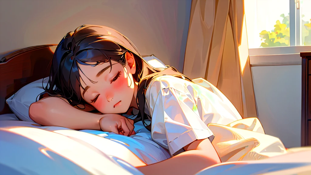 (Highest quality, masterpiece, Ultra-realistic), Beautiful and delicate15Year-old girl portrait,, The background is the bedroom at home.、Sleeping with a calm expression、Time is midnight、It's pitch black in the room.、It's raining outside