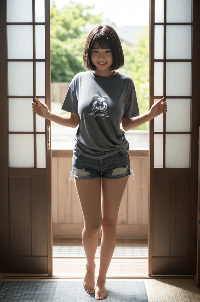 15yo girl, Black A-line bob cut, cute smile girl, (standing), (((oversized gray T-shirt))), denim shorts, barefoot, ((clothed huge breasts, huge breasts, sagging breasts)), (((looking down))), symmetrical eyes, full body shot, washitsu, scenery, tatami, sliding doors, indoors, window,