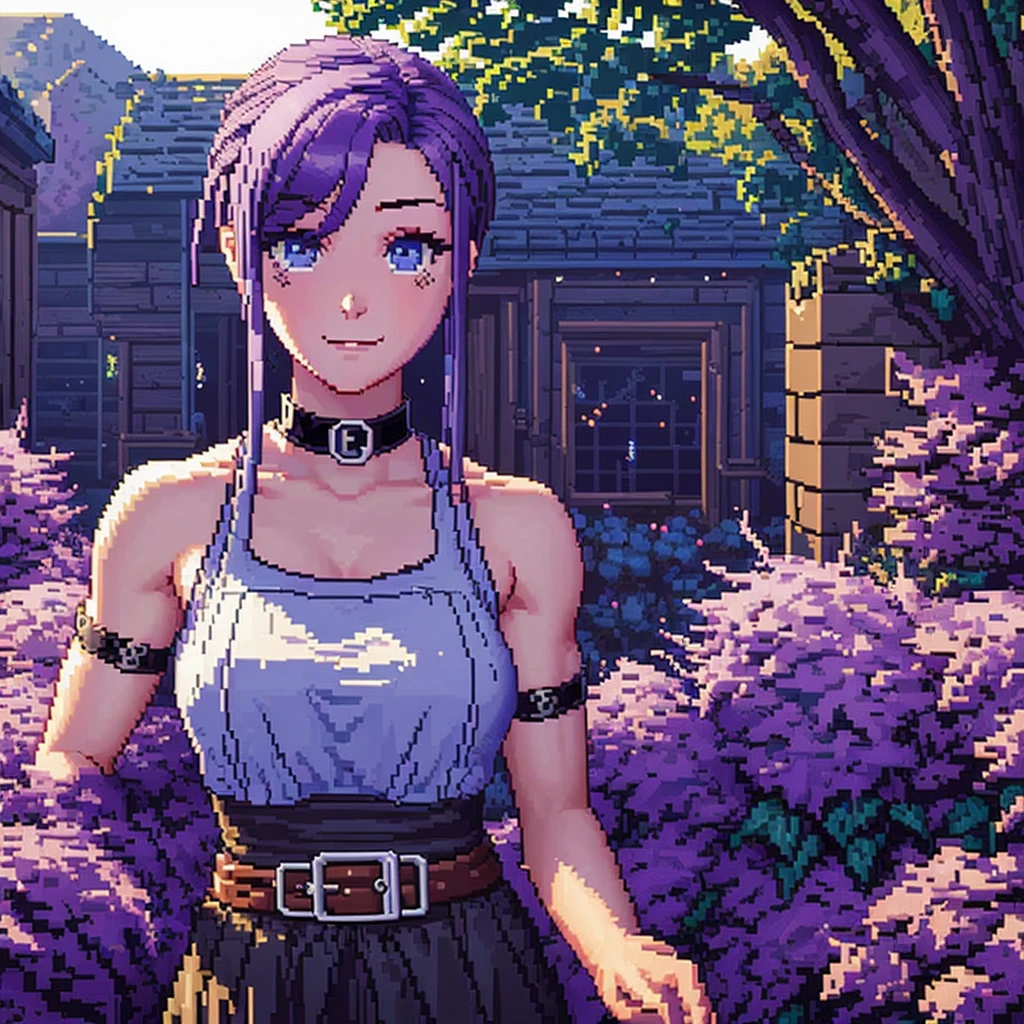 ( pixel art,:1.56), abigail from stardew valley, pixelated upper body sprite portrait from the shoulders up, pale mucular goth girl, (purple hair:1.2), enormous muscles, deltoid muscle, muscular trapezius muscle, muscular chest, abigail from stardew valley with muscle, abigail muscle mod, goth girl clothing, black chocker accesory, cute goth girl, cute smile, abigail stardew valley smile, big cute eyes, harmless eyes, reassuring eyes, pink blush, pixelated sprite, best quality, simple color palette, perfect anatomy