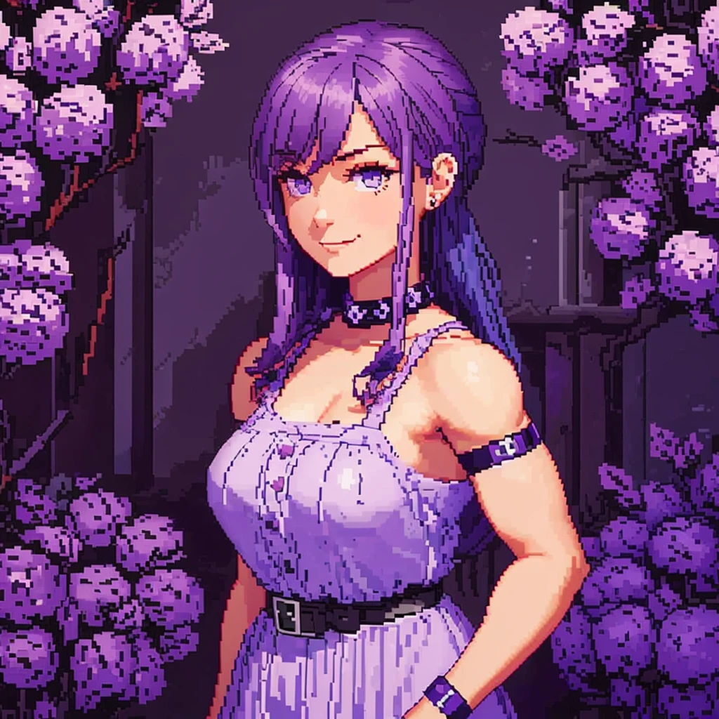 ( pixel art,:1.56), abigail from stardew valley, pixelated upper body sprite portrait from the shoulders up, pale mucular goth girl, (purple hair:1.2), enormous muscles, deltoid muscle, muscular trapezius muscle, muscular chest, abigail from stardew valley with muscle, abigail muscle mod, goth girl clothing, black chocker accesory, cute goth girl, cute smile, abigail stardew valley smile, big cute eyes, harmless eyes, reassuring eyes, pink blush, pixelated sprite, best quality, simple color palette, perfect anatomy