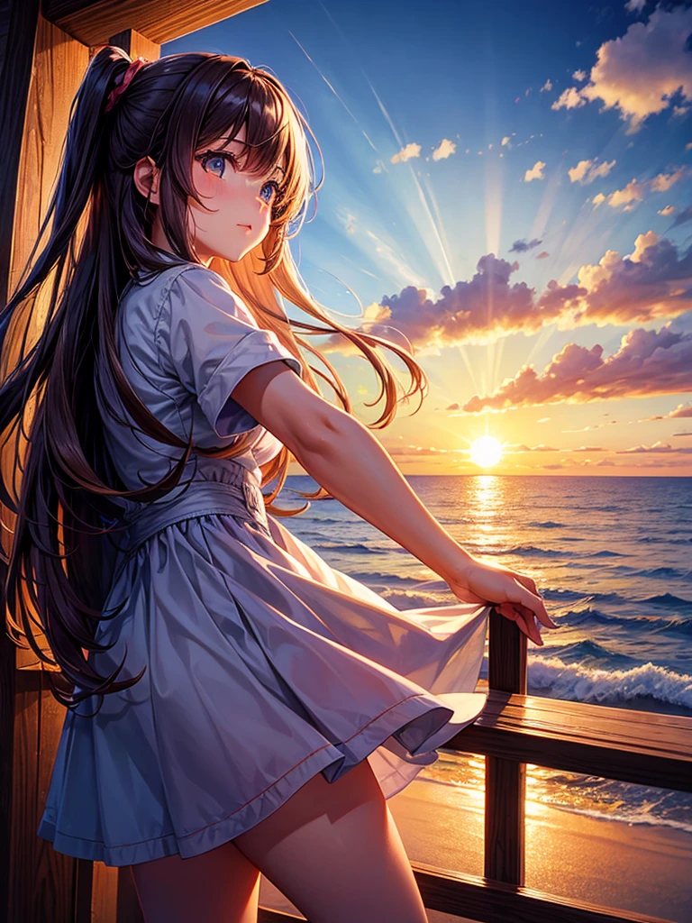 Highest quality,Highest Resolution,A girl watching the sun setting over the horizon,