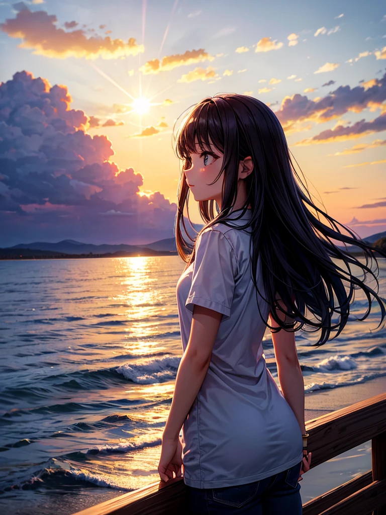 Highest quality,Highest Resolution,A girl watching the sun setting over the horizon,