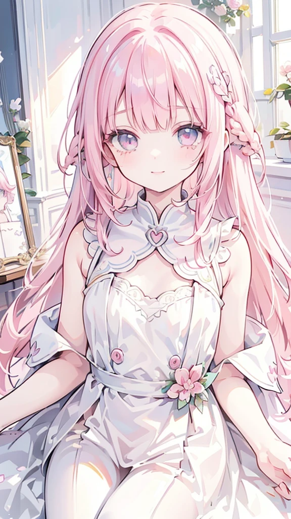 masterpiece, best quality, hyper detailed,1girl, smiling, looking at viewer,flat chest,light pink hair, blunt bangs,middle hair,gradient eyes,light pink eyes,light green eyes,Wedding dress,Tears mole